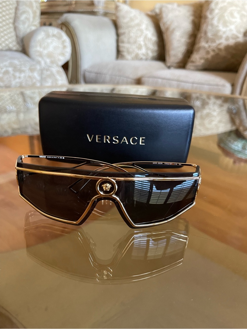 Versace Gold Tone Shield Sunglasses with Black Lenses VE2226 Unisex